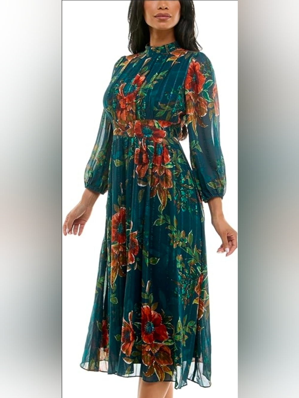 Maison Tara Teal Green Midi Dress with Red Floral Print